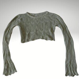Green Cropped Open-Knit Bell Sleeve Sweater XS